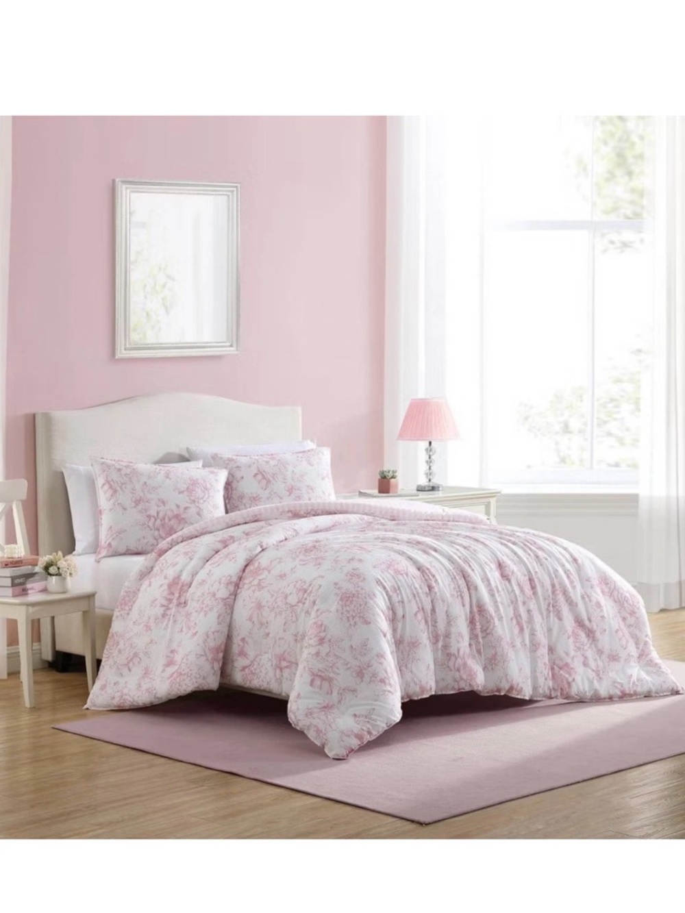Laura Ashley 3pc King Delphine Comforter Bedding Set Pink matching storage bag